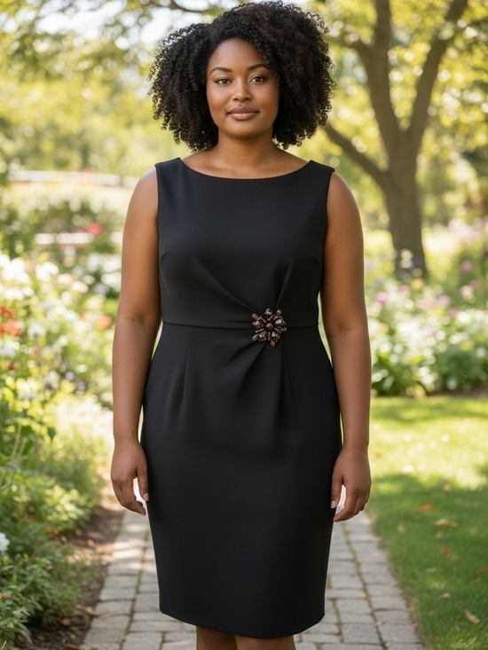 Jessica Howard Dresses & Skirts - Jessica Howard Black Sleeveless Midi Sheath Dress with Decorative Brooch